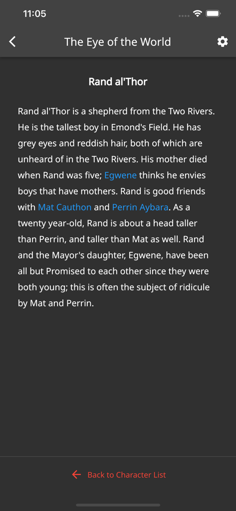 WoT Compendium - Unofficial - Screenshot of the WoT Compendium app showing a spoiler-free character biography for Rand al'Thor from The Eye of the World