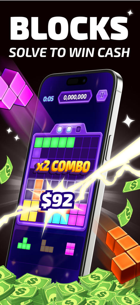 A smartphone showing a block puzzle game interface with a ninety two dollar cash prize notification