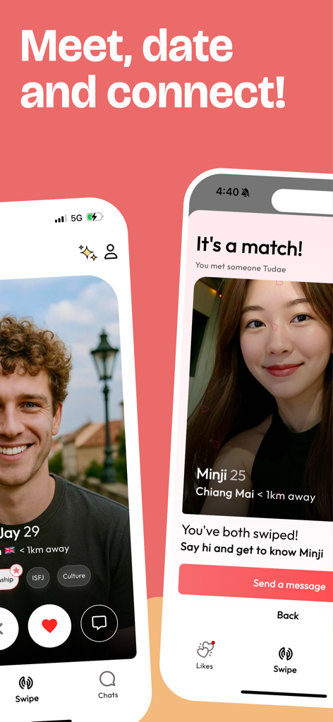 Tudae dating app interface showing a user profile and a match notification screen.