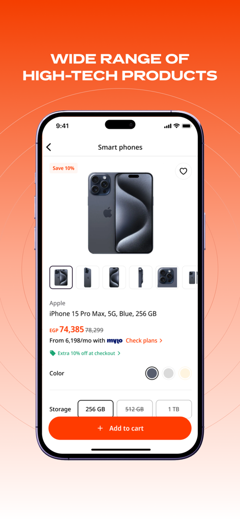 B.TECH mobile app showing an iPhone 15 Pro Max product page with price in EGP and installment options