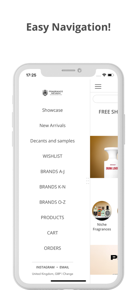 Fragrance Nevaeh - Side navigation menu of the Fragrance Nevaeh mobile app showing various shopping categories and user account links.