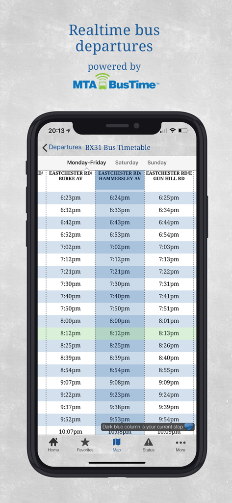 Bus New York City - Horario de autobuses en tiempo real para la ruta BX31 en la ciudad de Nueva York en la interfaz de una aplicación móvil.