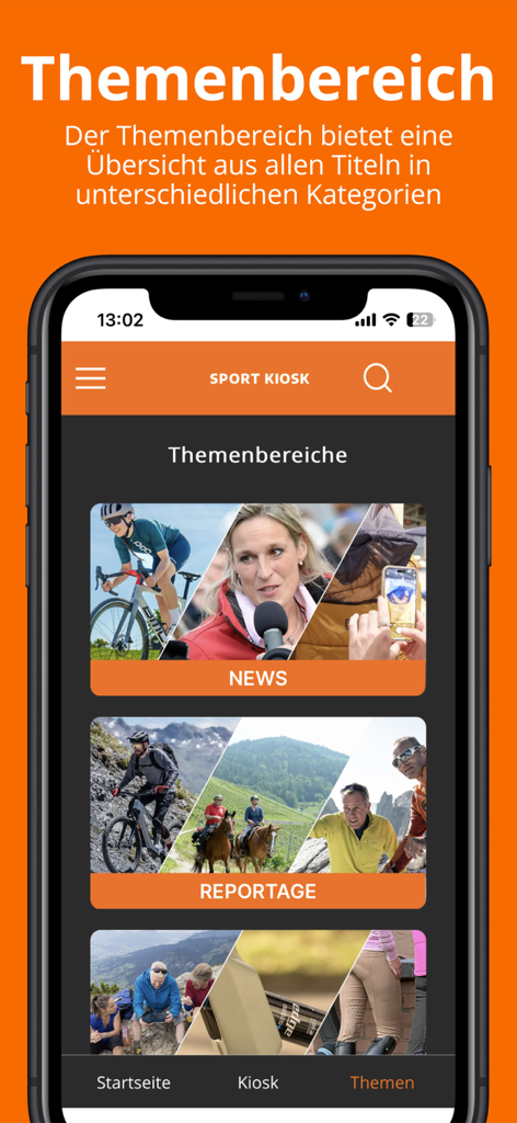 Sport Kiosk - Sport Kiosk mobile app screenshot showing the topic categories section with news and reportage for outdoor sports.