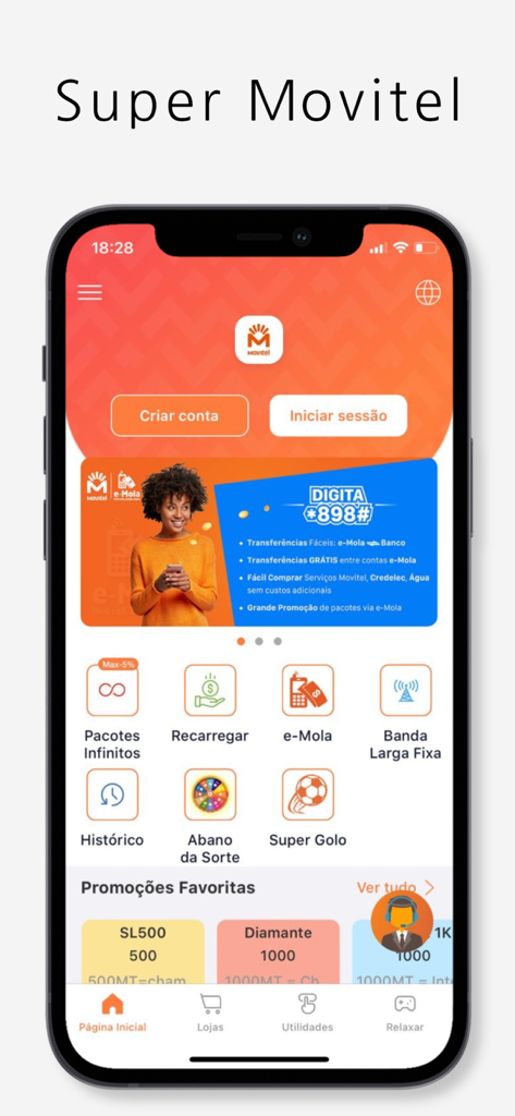 Tela inicial do aplicativo móvel Super Movitel exibindo gerenciamento de conta e serviços de utilidade pública em português.