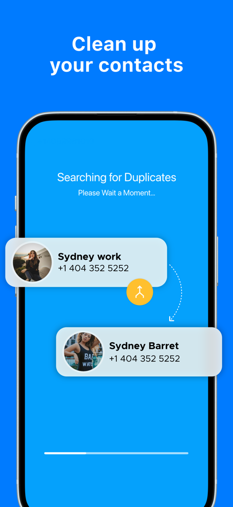 Sync.me - Caller ID & Contacts - Sync.ME 앱 인터페이스가 주소록 정리를 위해 중복 연락처를 검색하고 병합하는 프로세스를 보여줍니다.