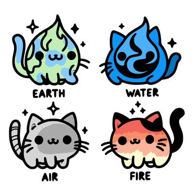 4 cats that represent the different elements, earth, water, air, and fire