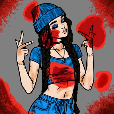 realistic teenage girl with braids and a beanie and crop top doing 🫶🏼