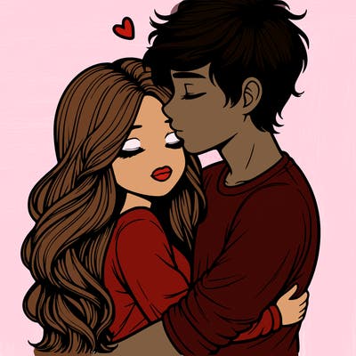 a realistic couple boy and girl hugging and kissing