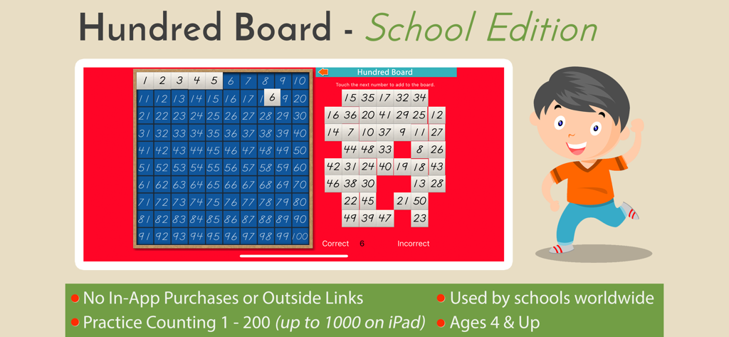 Hundred Board School Edition - Promotional image for Hundred Board School Edition math app showing a counting grid and key educational features.