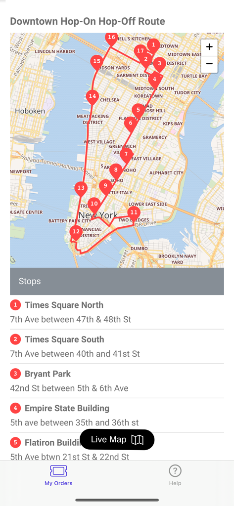 TopView Redeem app interface showing a map of the downtown hop-on hop-off bus tour route and a list of stops in New York City.