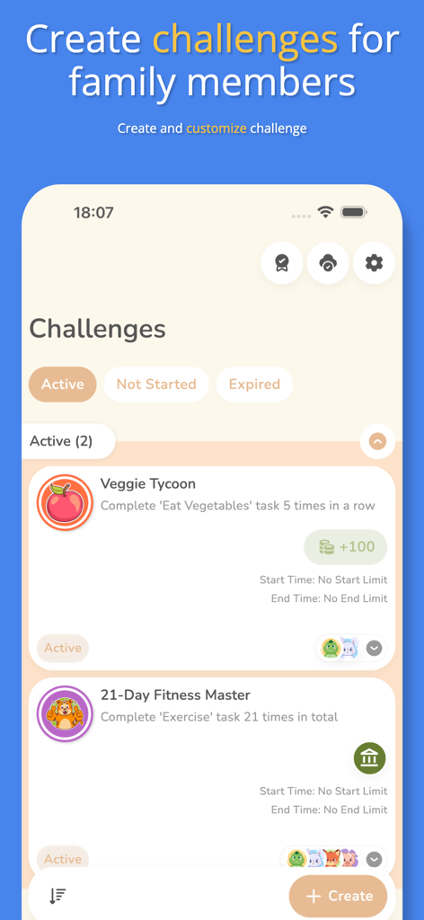 Family Rewards: Chore Chart - Interface of the Family Rewards app showing active challenges for children like Veggie Tycoon and Fitness Master with reward points