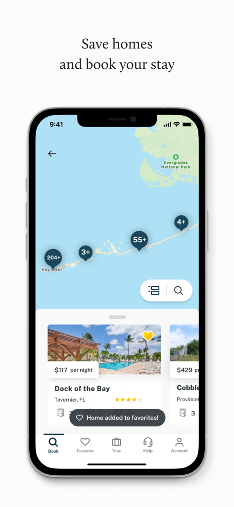 Vacasa - Vacation Rentals - Vacasa app interface showing a map of vacation rentals and a notification for a home added to favorites