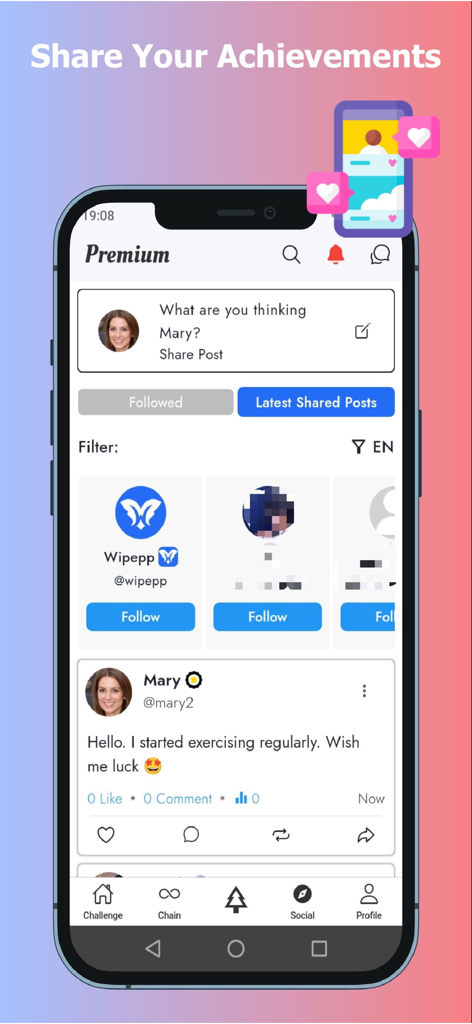 사용자들이 습관 달성 및 진행 상황을 공유하는 Wipepp 앱의 소셜 커뮤니티 피드 인터페이스.