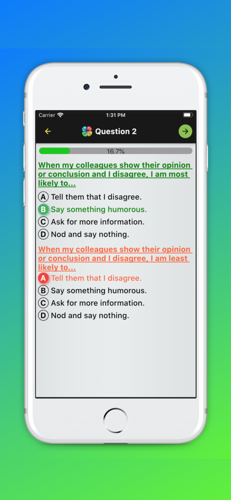 職場の行動選択に焦点を当てたDISC性格テストの質問のスクリーンショット。