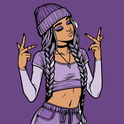 realistic teenage girl with braids and a beanie and crop top doing 🫶🏼