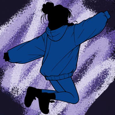 realistic girl jumping with a bun and oversized sweatshirt