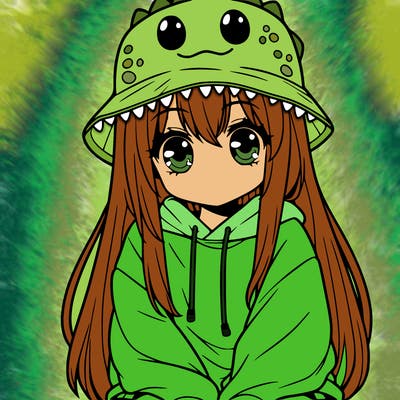 girl with anime shaped eyes with a dinosaur bucket hat oversized sweatshirt long straight hair