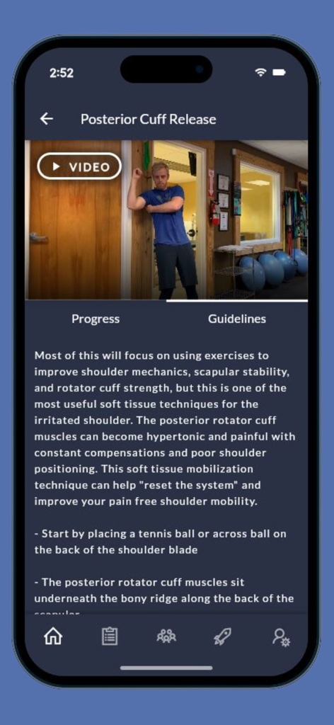 Mobile app interface displaying a video tutorial and written guidelines for a posterior cuff release shoulder exercise.