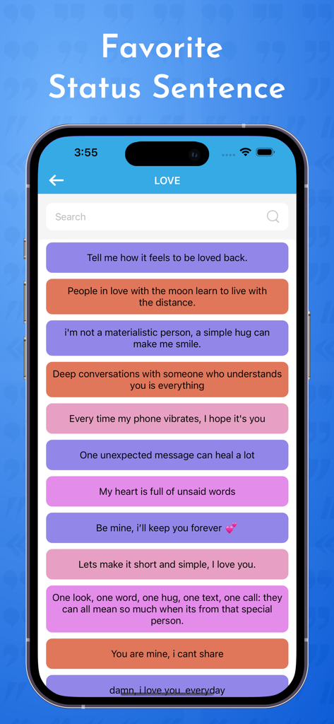 Dual Chat - for Telegram Web - A list of romantic status sentences and quotes within the Dual Chat app interface.