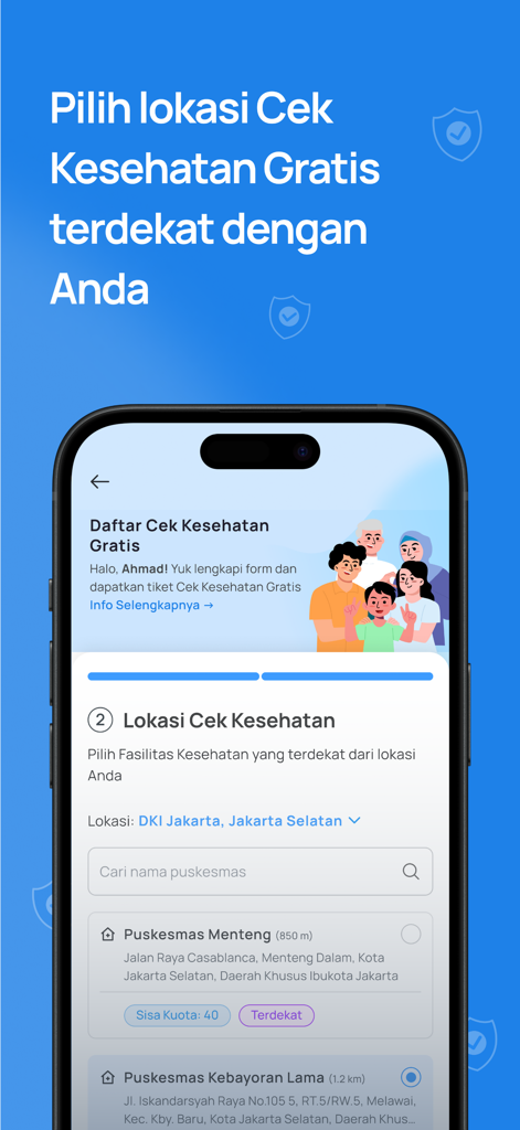 SATUSEHAT Mobile app interface for finding free health check locations in Indonesia