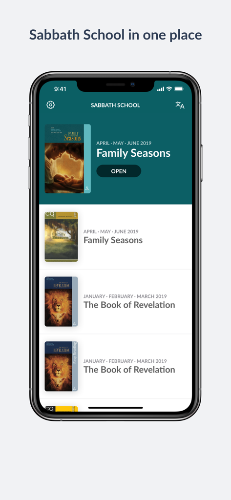 Sabbath School & PM - Sabbath School mobile app interface showing a list of Bible study guide lessons like Family Seasons and The Book of Revelation