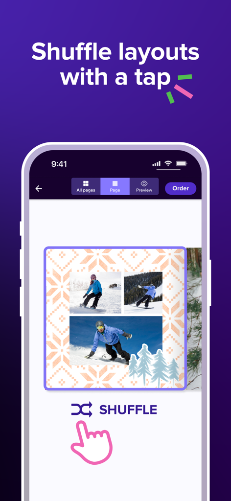 Benutzeroberfläche der Mixbook-App, die zeigt, wie man Fotobuch-Layouts mit einem einzigen Fingertipp mischt.