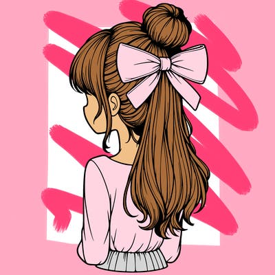 realistic girl  with hip length hair a bun and a big bow on the back of head