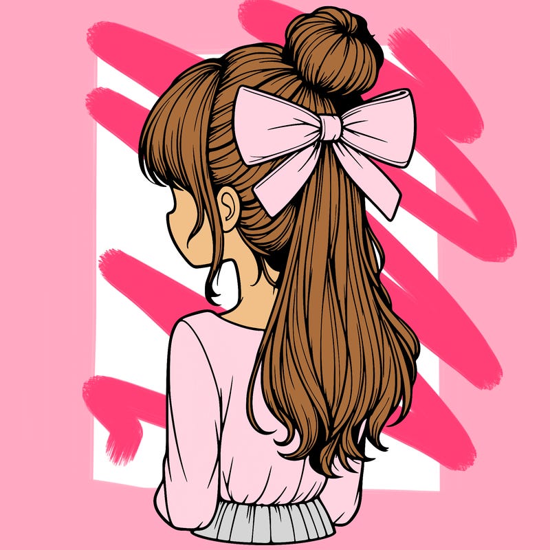 realistic girl  with hip length hair a bun and a big bow on the back of head