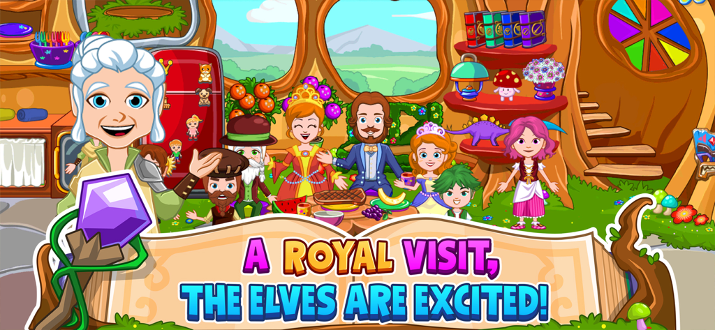 My Little Princess Wizard Game - Familia real y elfos reunidos para una comida en una escena de casa del árbol de un mago