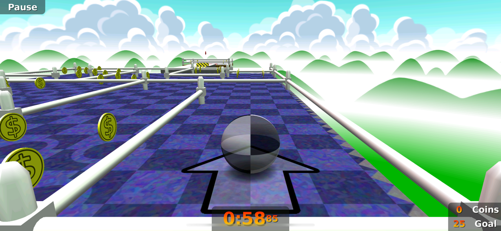Neverball - Neverball gameplay showing a marble on a checkered platform with floating coins