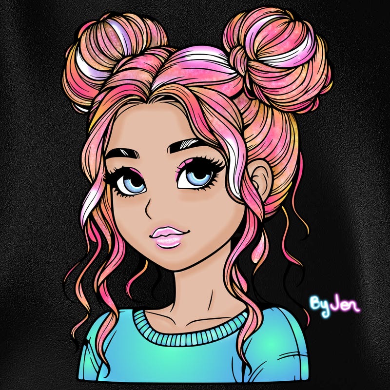 realistic girl with two buns in her hair