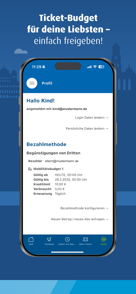 meinAVV - App screen showing shared mobility budget details and payment settings in meinAVV.