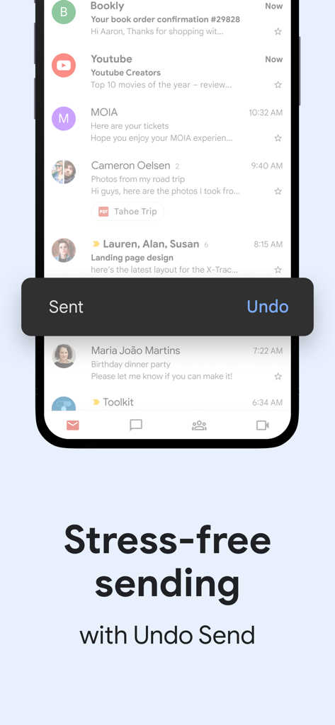 Gmail mobile app interface displaying a sent notification with an undo button option