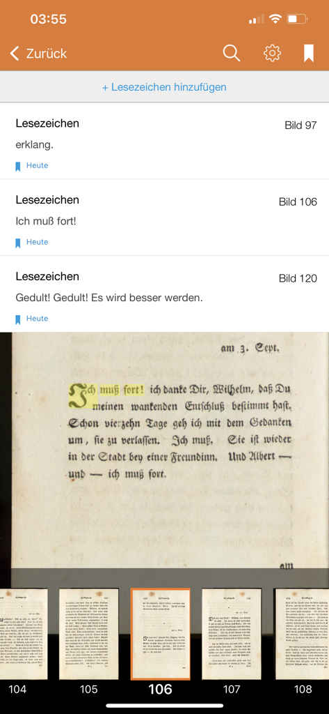 Deutsche Klassiker - A digital reader interface showing a list of bookmarks and an original historical scan of a German literary book with highlighted text