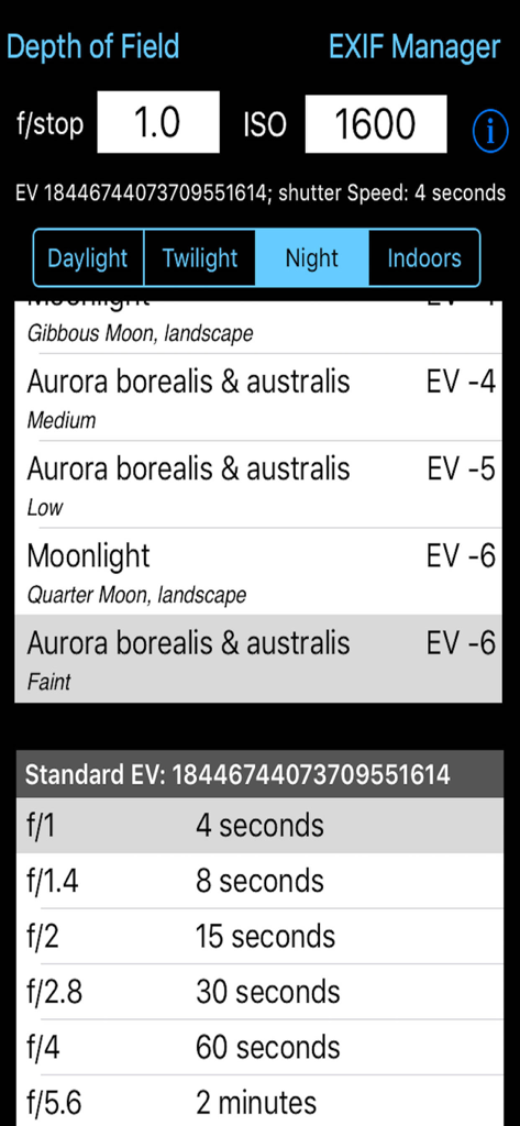 Exposure Calculator - Technical interface of the Exposure Calculator app showing shutter speed tables for night photography and aurora borealis settings.