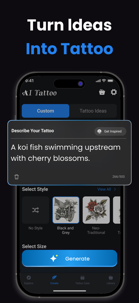AI Tattoo Design - Name Tattoo - Mobile app interface for generating custom AI tattoos from text prompts