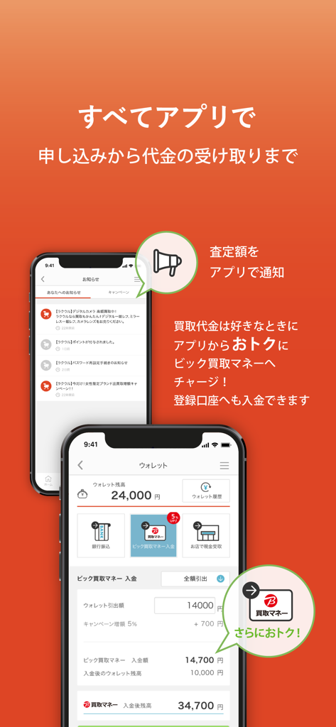 ラクウル - Mobile app screens for Rakuuru showing wallet balance and appraisal notification features