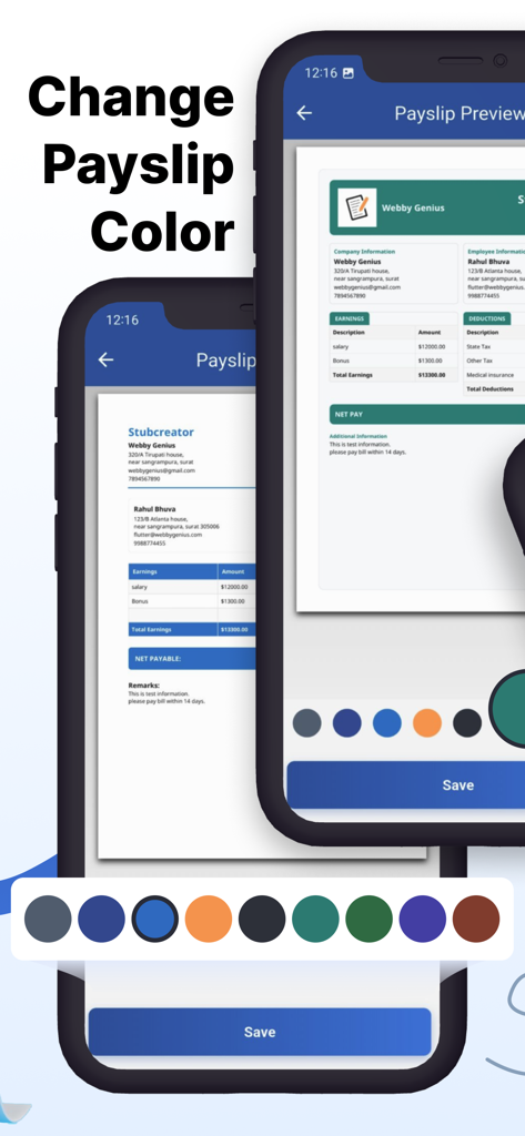 Mobile app interface showing options to customize the color theme of professional pay stubs