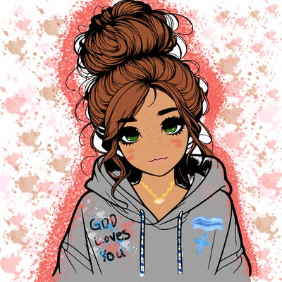 realistic girl with a massy bun and a hoodie