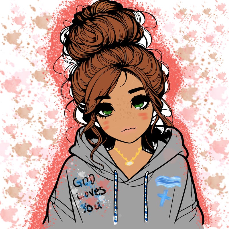 realistic girl with a massy bun and a hoodie