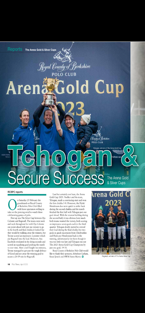 Polo Times - Digital magazine page reporting on the Arena Gold Cup 2023 winners with photos of the Tchogan team celebrating their victory