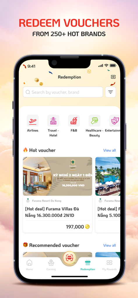 SkyJoy - SkyJoy app screen showing point redemption options for travel, dining, and lifestyle vouchers.