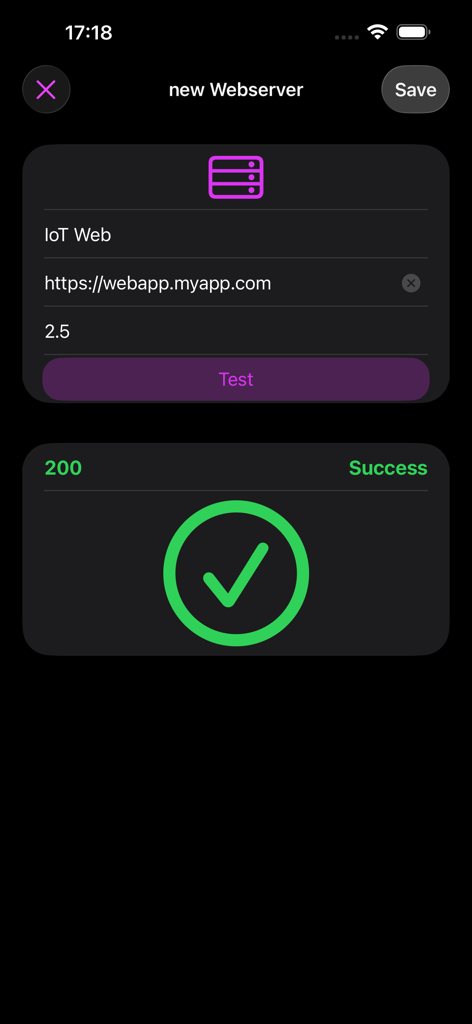 Screen for adding a new web server showing a successful connection test with status code 200 and a green checkmark
