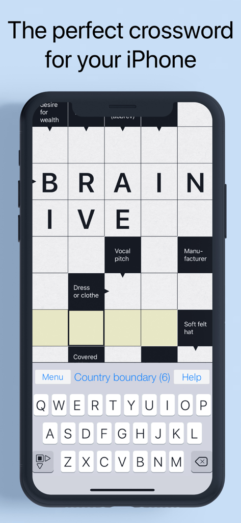 Crossword. A smart puzzle game - A crossword puzzle gameplay on an iPhone screen showing clues directly inside the grid.