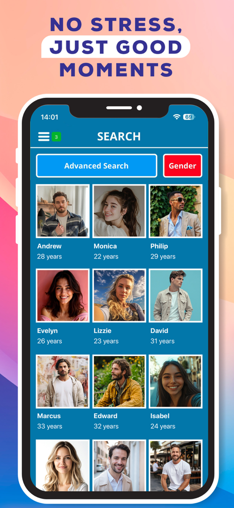 Harmonia Chat - Fall in Love - Interface de l'application Harmonia Chat montrant l'écran de recherche avec divers profils d'utilisateurs et des filtres de recherche avancés.