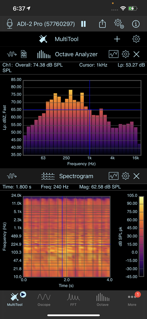 SignalScope X - Tela MultiTool do SignalScope X mostrando gráfico de barras do Analisador de Oitava e um Espectrograma em tempo real para análise acústica.