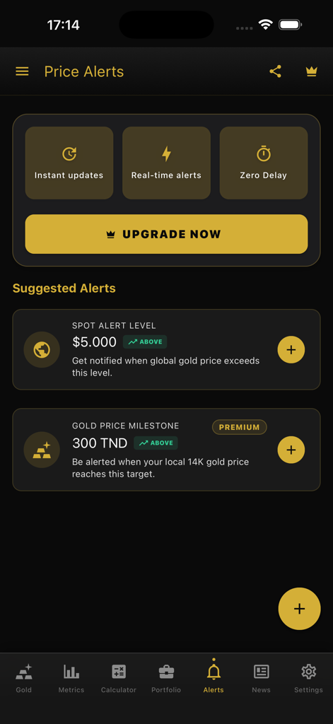 Preisalarm-Benutzeroberfläche der Goldpreis-App, die anpassbare Benachrichtigungen für globale Spotpreise und lokale Goldmeilensteine anzeigt.