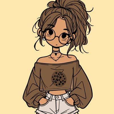 girl with a messy ponytail glasses a baggy crop top and jean shorts