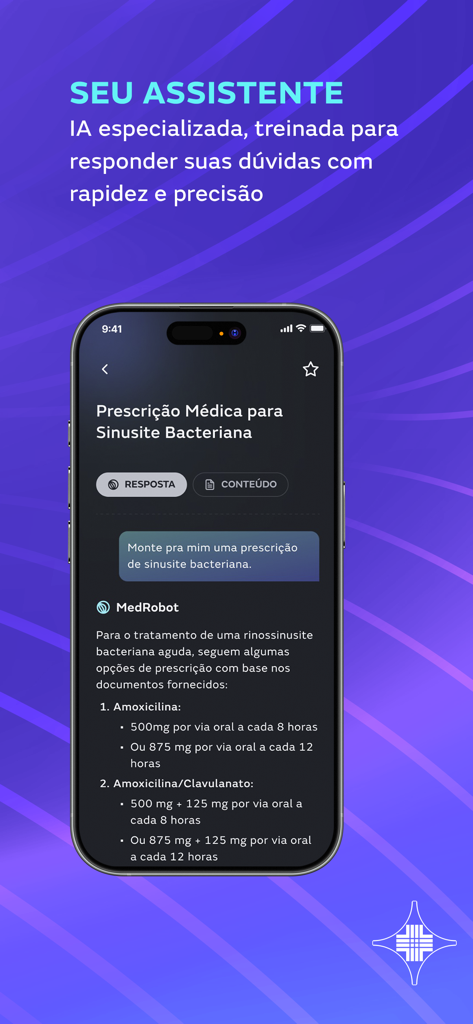 MEDMe Prática Médica - MEDMe app interface showing an AI assistant providing a medical prescription for bacterial sinusitis