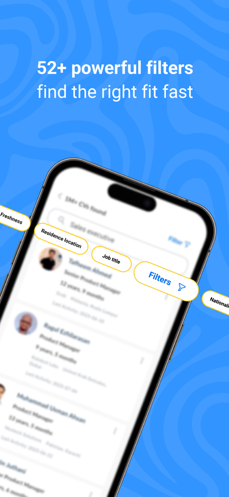 Bayt.com for Employers app screen displaying candidate search results with smart filtering options for job titles and locations.